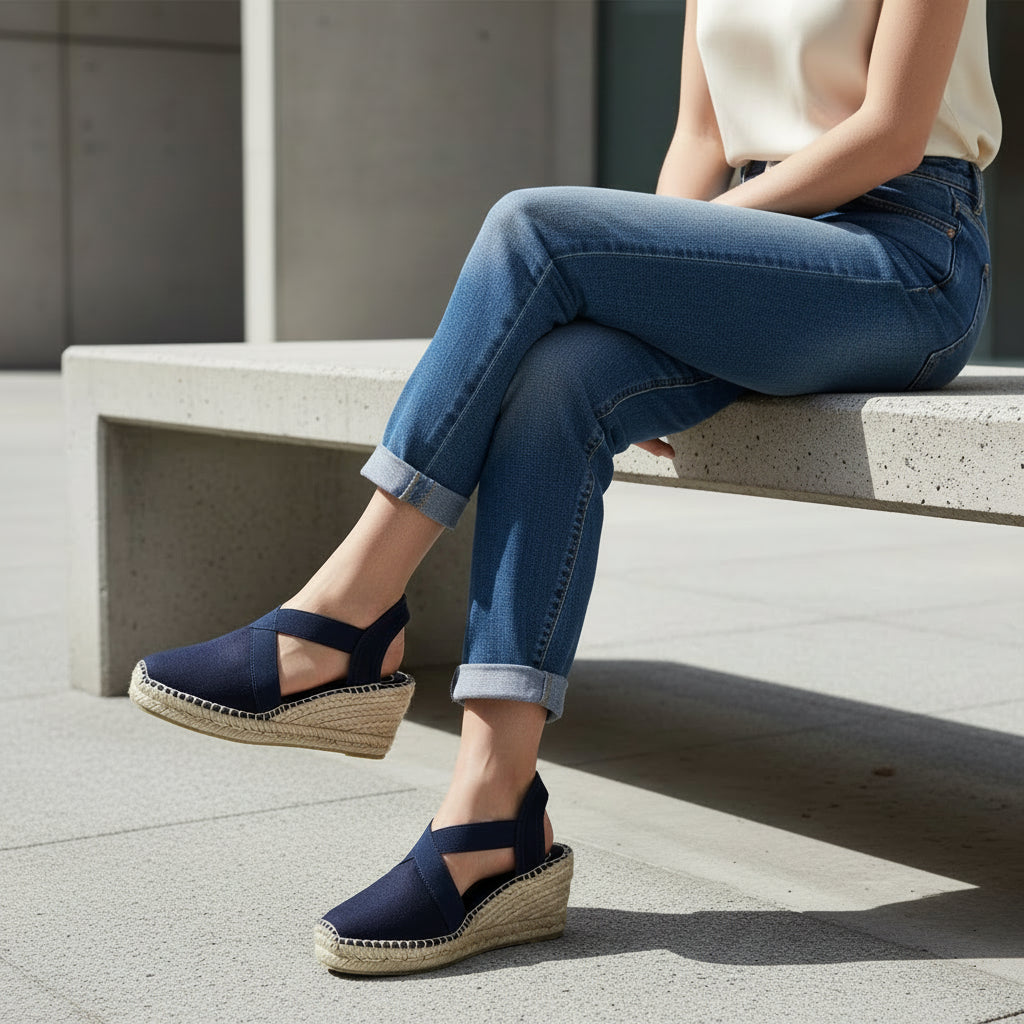 Person wearing blue espadrille sandals sitting on a concrete bench.