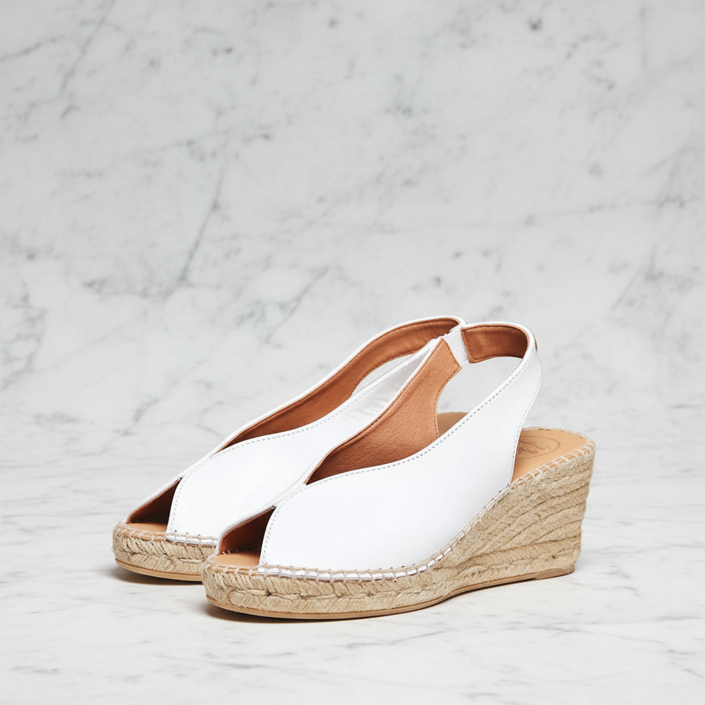 Aries 7cm white leather wedge sandal with slingback design and espadrille sole for petite feet.