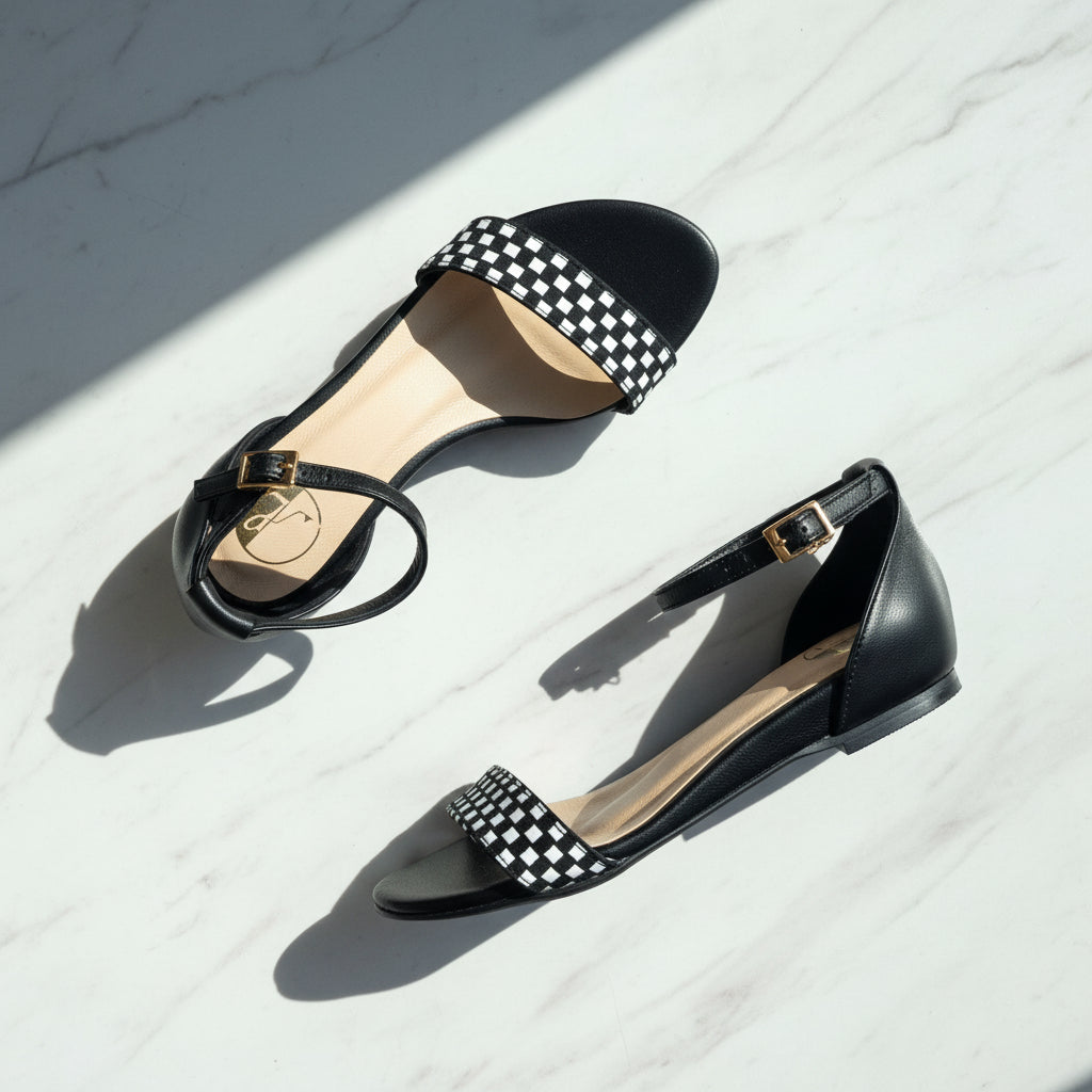 Black flat shoes with checkered straps on a light wooden surface