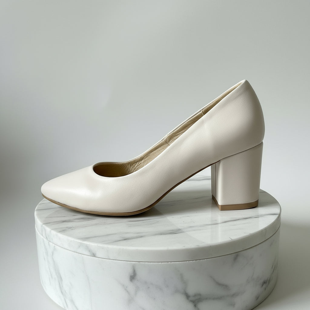 White high-heeled shoe on a gray background
