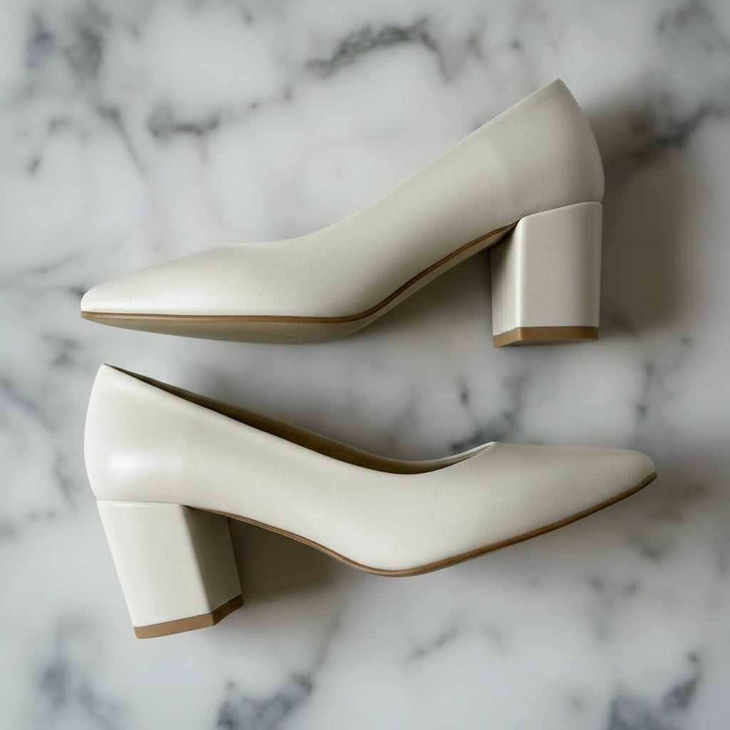 Pair of beige high-heeled shoes on a light gray background
