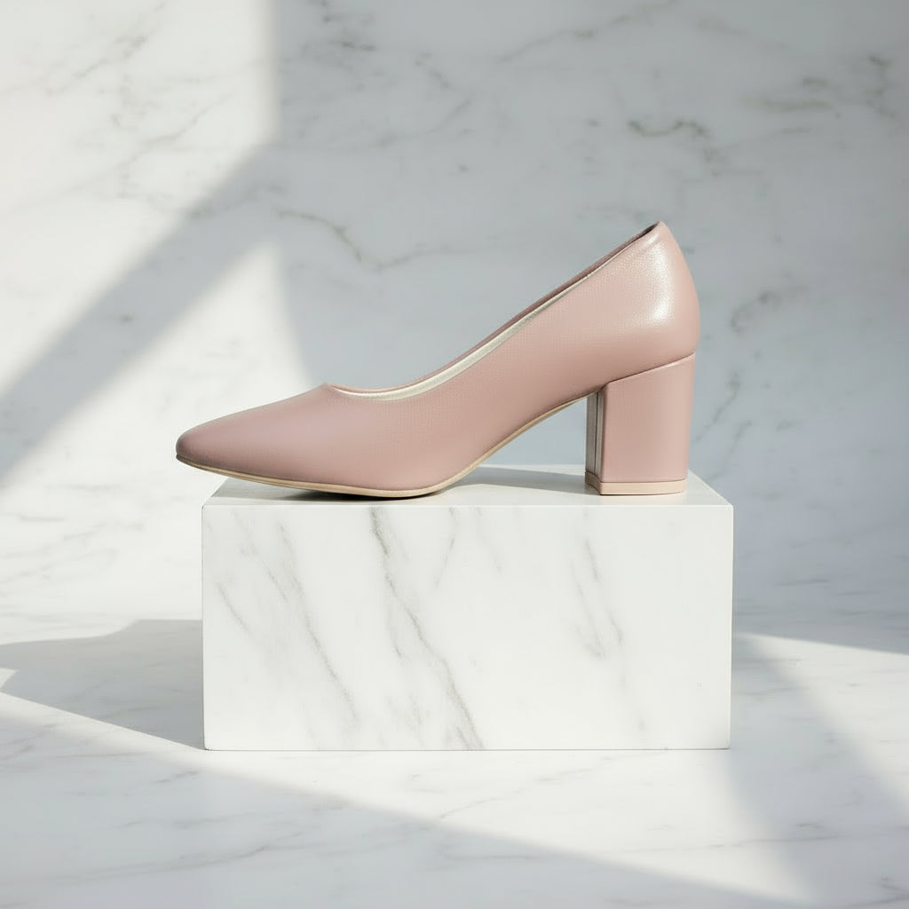 Pair of pink high-heeled shoes on a marble surface
