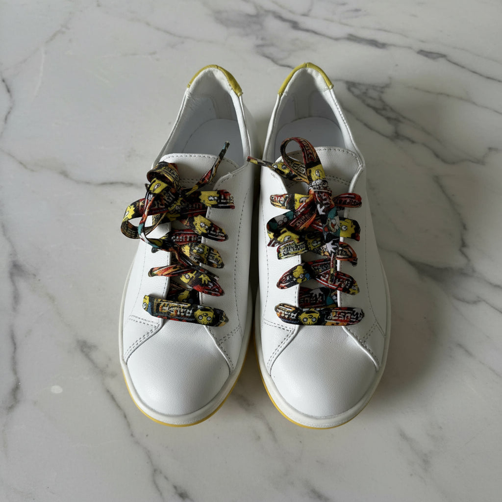 White sneakers with colorful laces on a light gray background