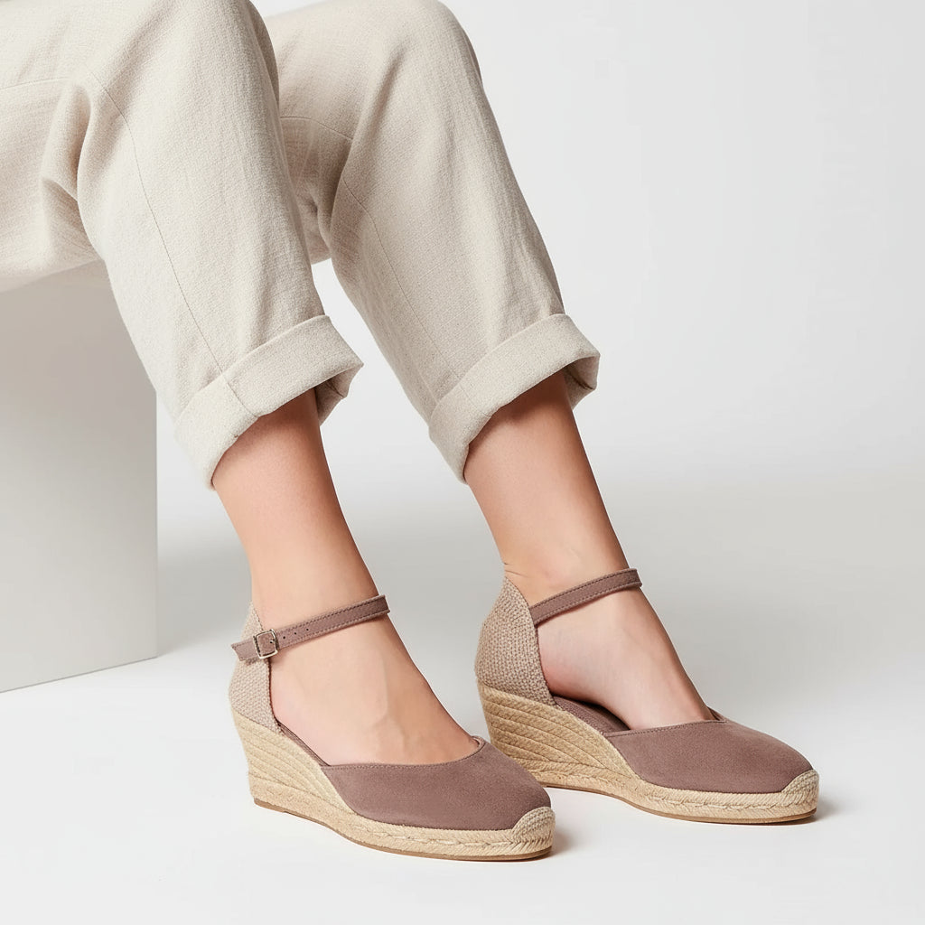 Model wearing taupe suede MARIGOLD espadrilles with 7cm jute wedge designed for petite sizing.