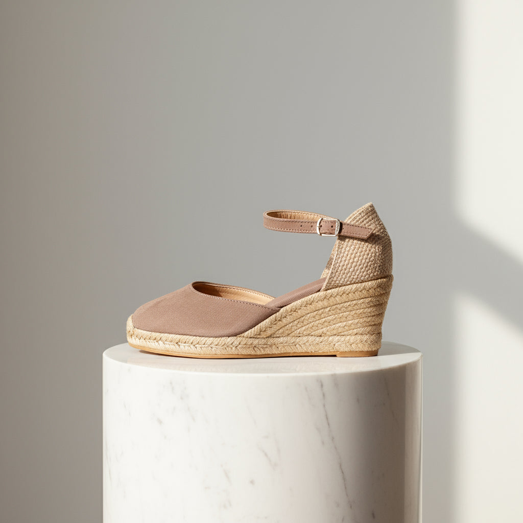 Taupe suede MARIGOLD espadrille with natural jute wedge and matching ankle strap for petite feet.