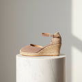 Taupe suede MARIGOLD espadrille with natural jute wedge and matching ankle strap for petite feet.