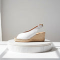 ARIES white leather espadrille wedge with peep-toe and elasticated back design
