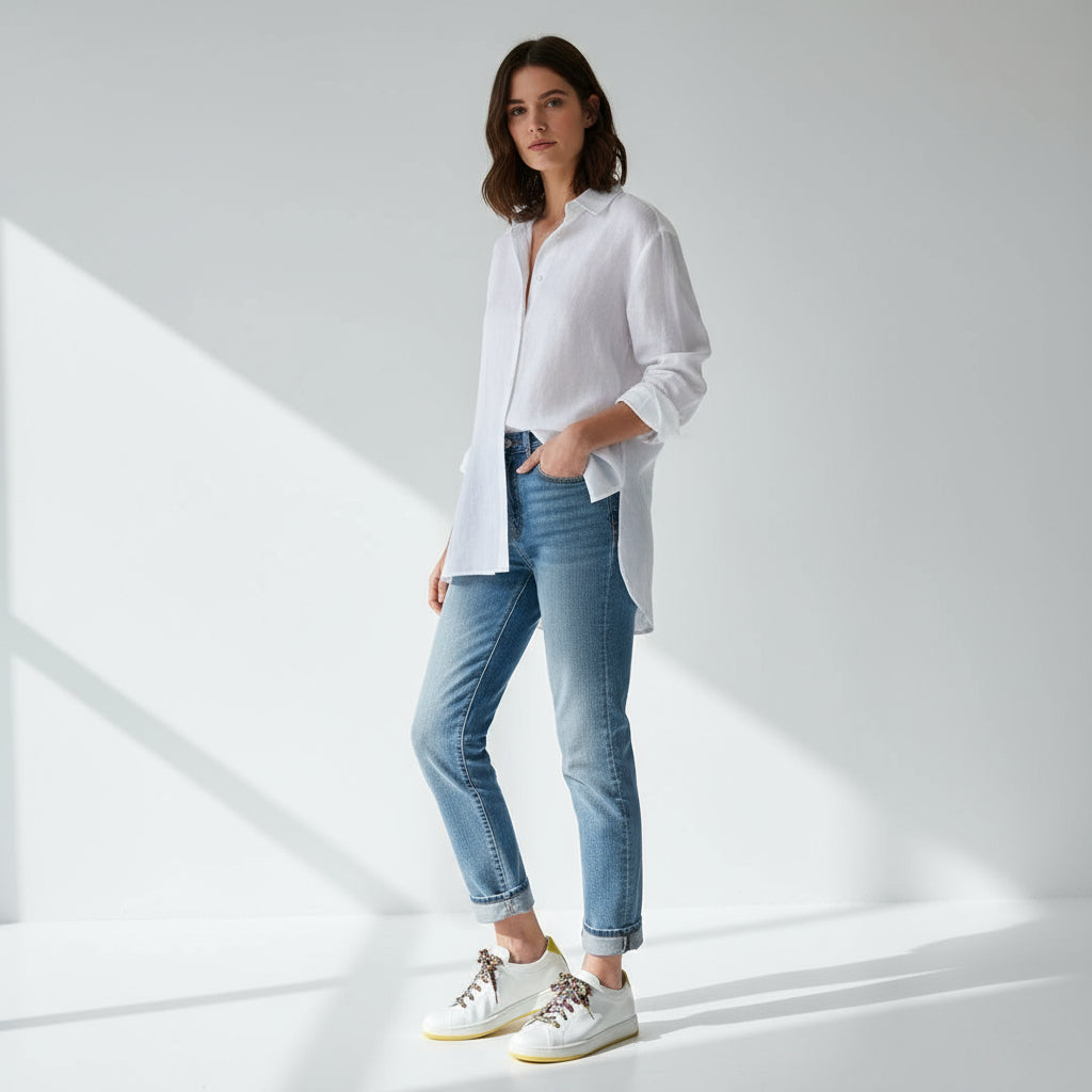 White sneakers with yellow accents on a marble surface