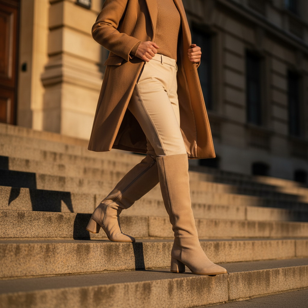 A woman walking down stone steps outdoors, wearing a camel coat, beige top, white pants, and beige knee-high boots.
