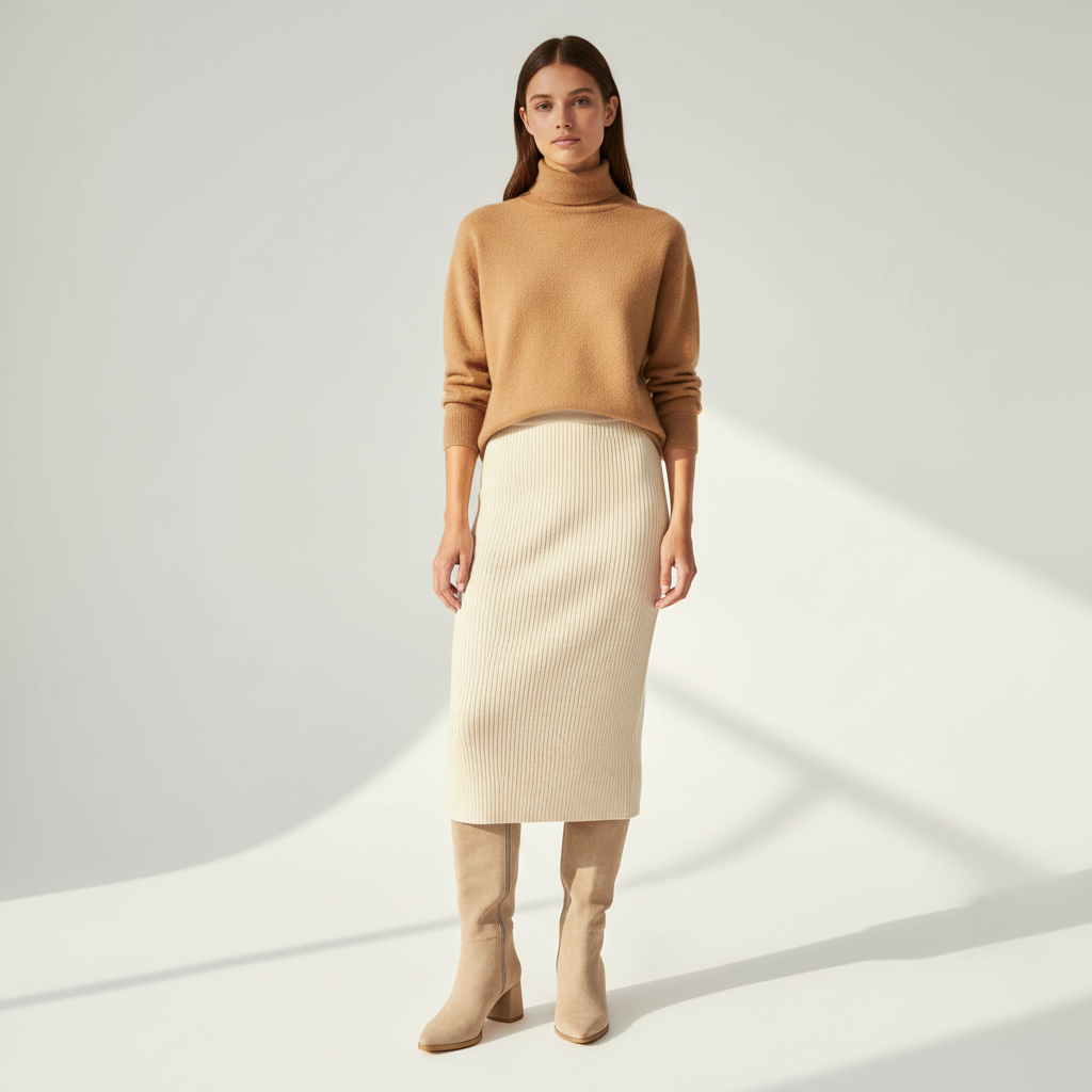 A model stands in a studio wearing a camel turtleneck sweater, a cream ribbed midi skirt, and beige knee-high boots, with soft diagonal shadows cast across a light background.