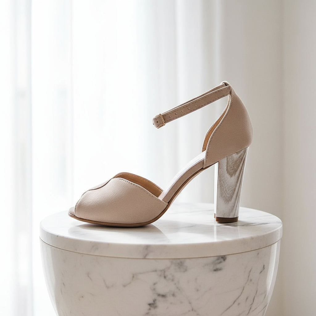 Beige high-heeled shoe on a marble surface with a light background