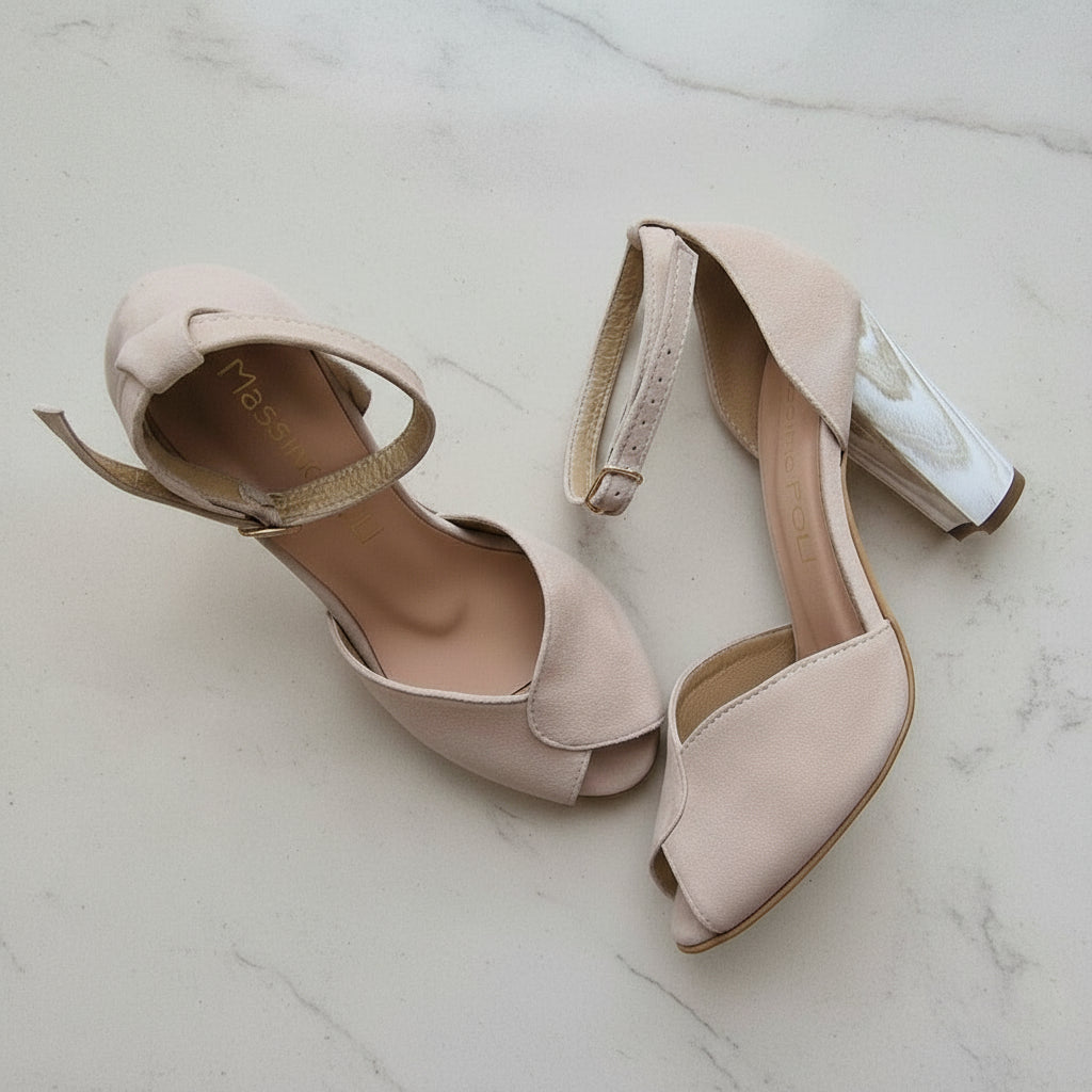Pair of beige petite high-heeled shoes on a light marble background