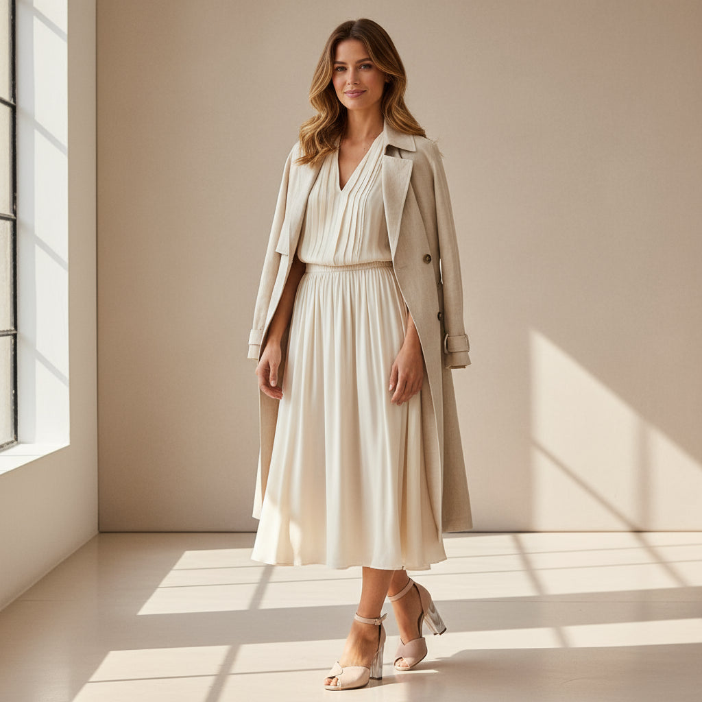 Woman in a beige trench coat over a white dress standing in a sunlit room.