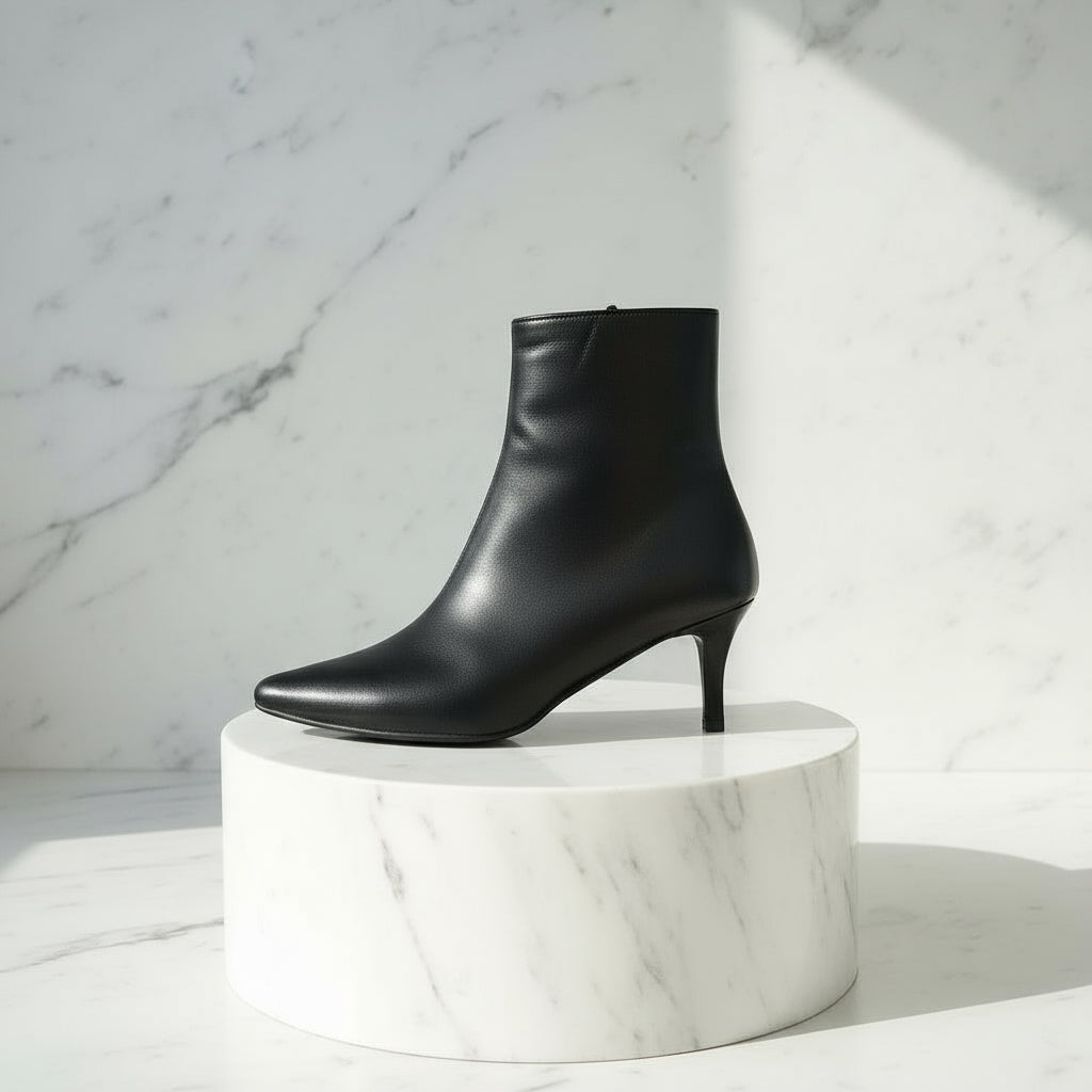 Black high-heeled ankle boots on a marble surface with a green plant.
