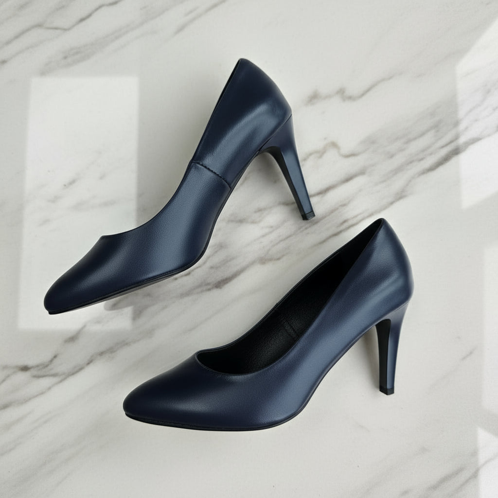 AELLA navy leather pumps with almond toe and 8cm wider heel on marble.