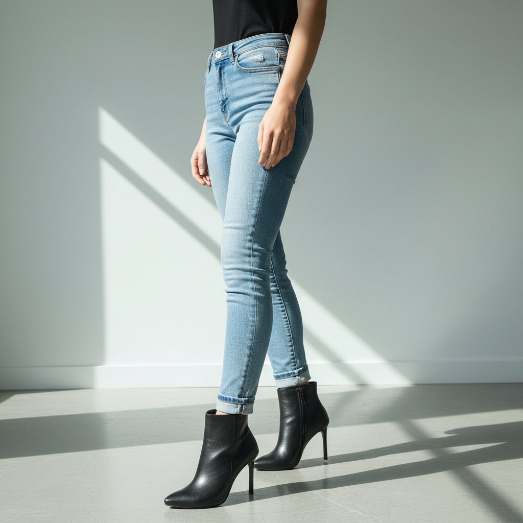 Person wearing light blue jeans and black high-heeled boots in a well-lit room.