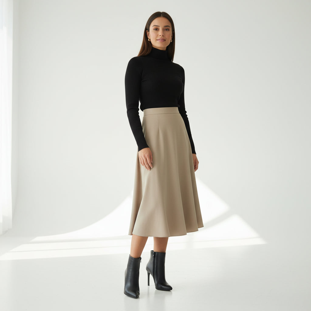 Woman wearing a black turtleneck and beige skirt on a white background