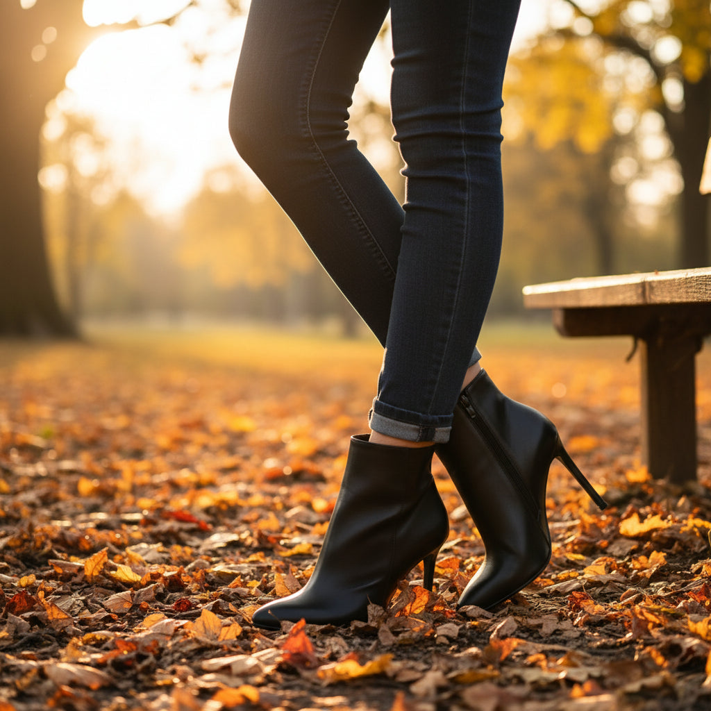 AGHATA black stiletto ankle boots styled with skinny jeans, petite-friendly autumn look.
