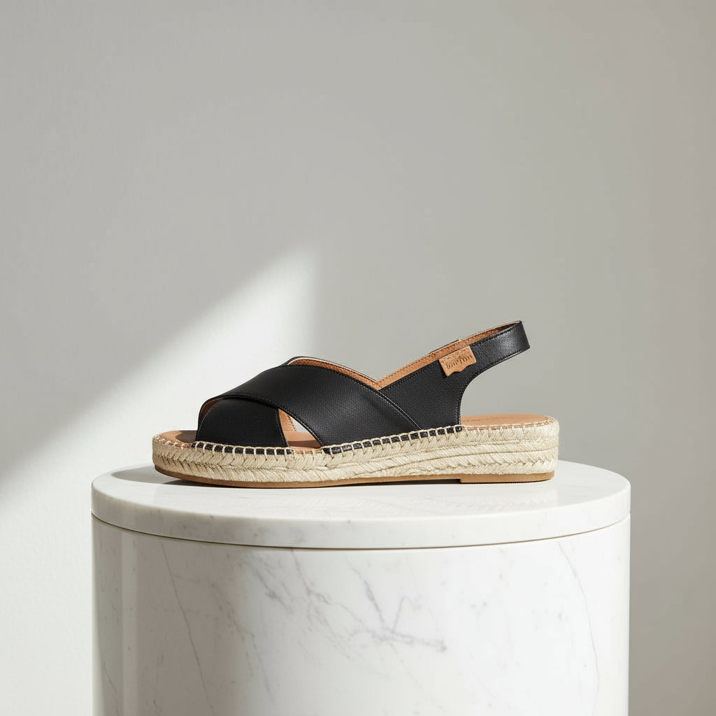 Small size black leather slingback wedge sandals