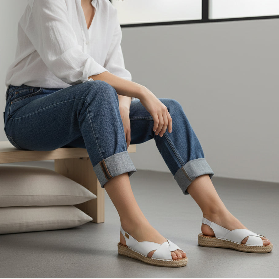 White leather ALEXA espadrilles for small feet shown on-foot with rolled jeans