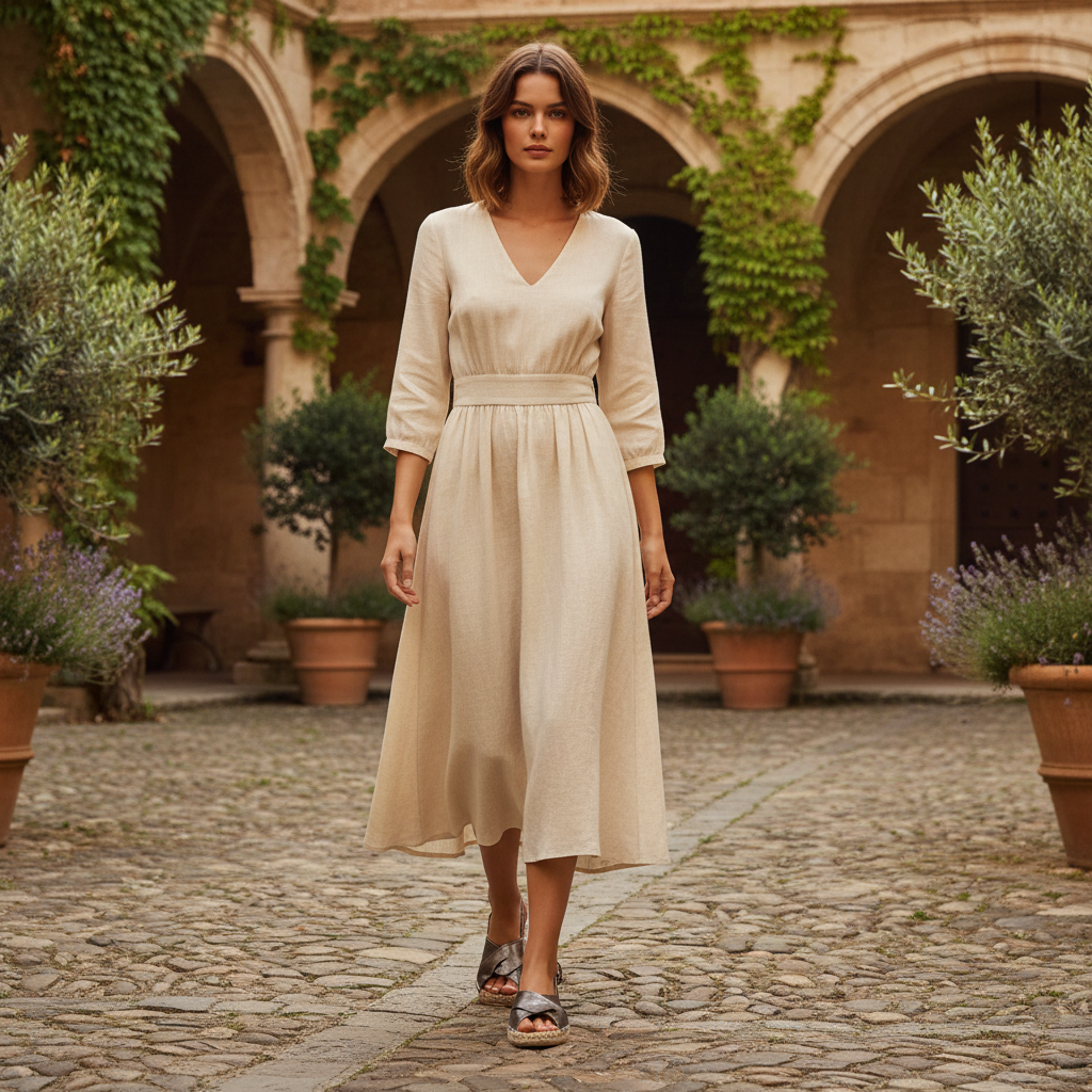 Model in cream long linen dress wearing metallic leather sandals