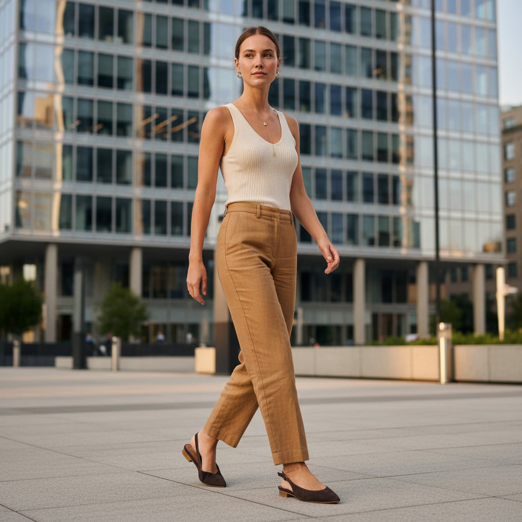 Brown suede slingback shoes worn by a person on a white platform.