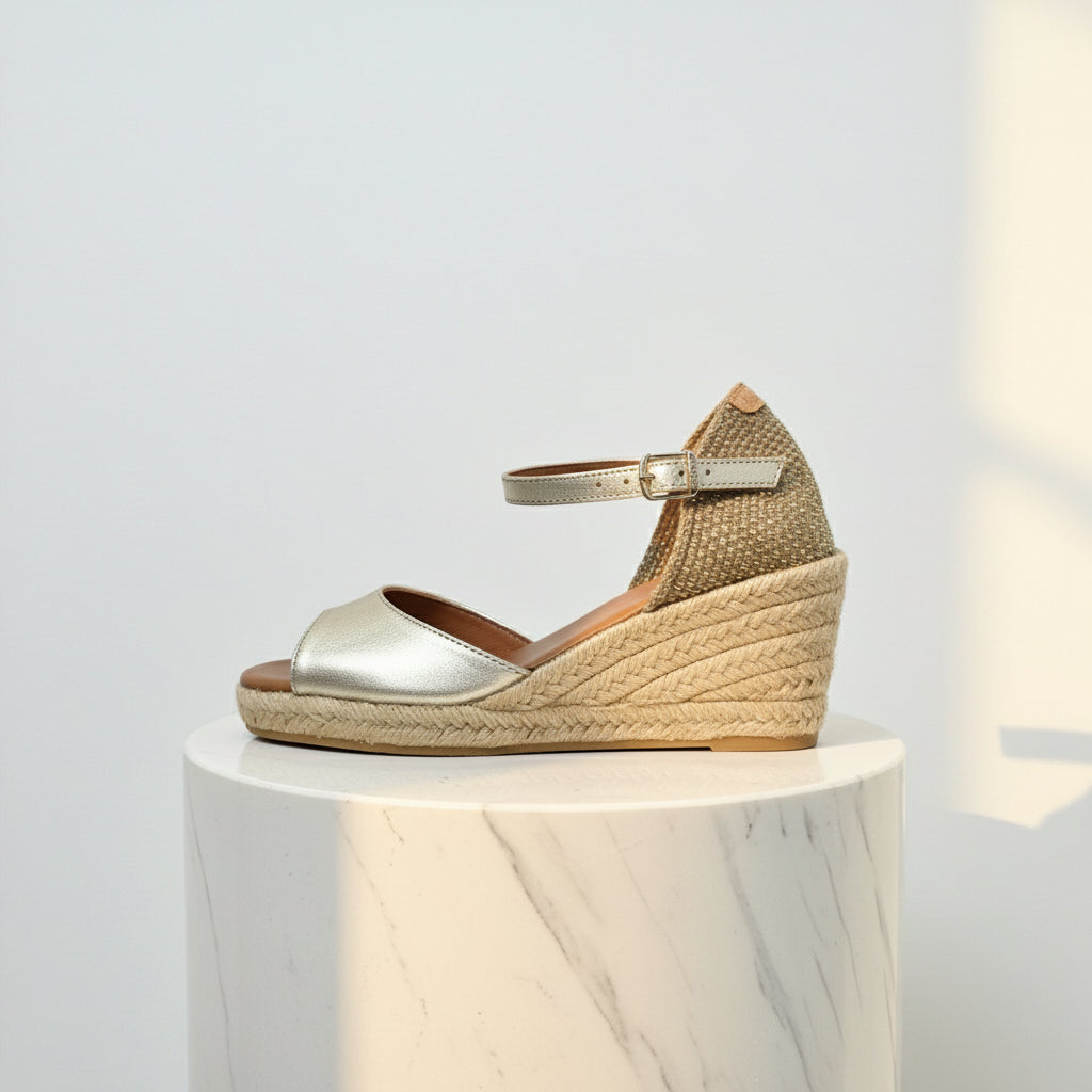 ALISIA gold leather espadrille wedges with 6cm jute heel, ankle strap with gold buckle, designed for small feet.