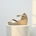 ALISIA gold leather espadrille wedges with 6cm jute heel, ankle strap with gold buckle, designed for small feet.