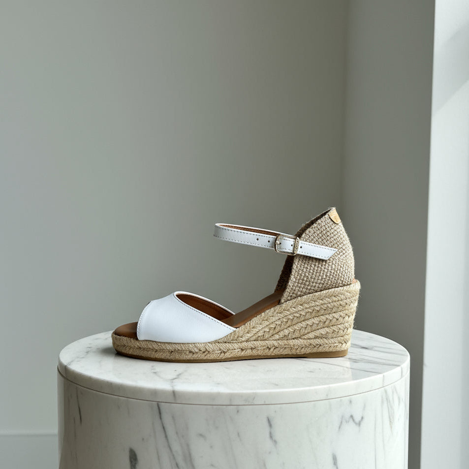 ALISIA white leather espadrilles with 6cm jute wedge, adjustable ankle strap, perfect summer shoes for petite sizes.