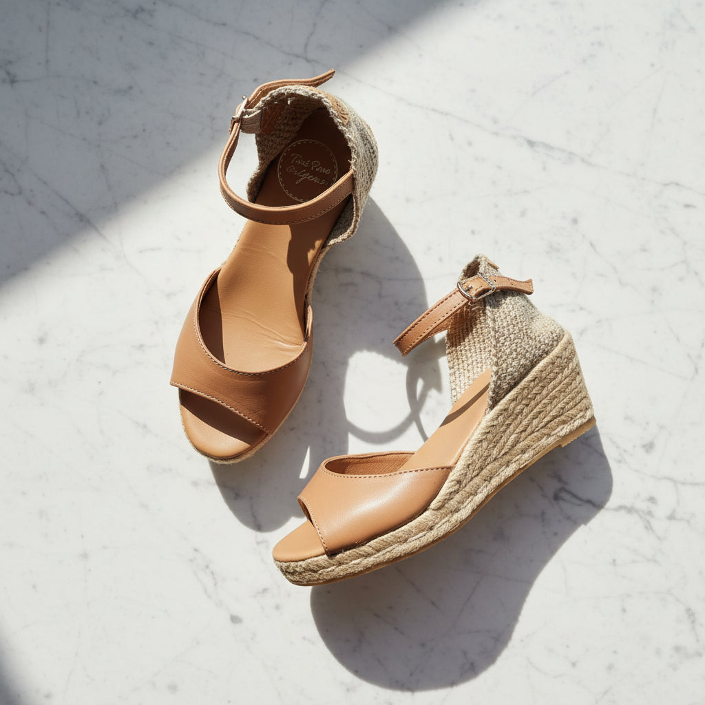 A pair of tan wedge sandals with woven jute espadrille wedges and ankle straps, displayed on a light marble surface with strong diagonal shadows.