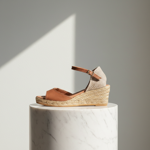 A single women's wedge sandal with a tan leather upper and ankle strap, a beige woven side panel, and a natural jute wedge heel, displayed on a white marble cylinder pedestal against a gray wall with a diagonal shadow.