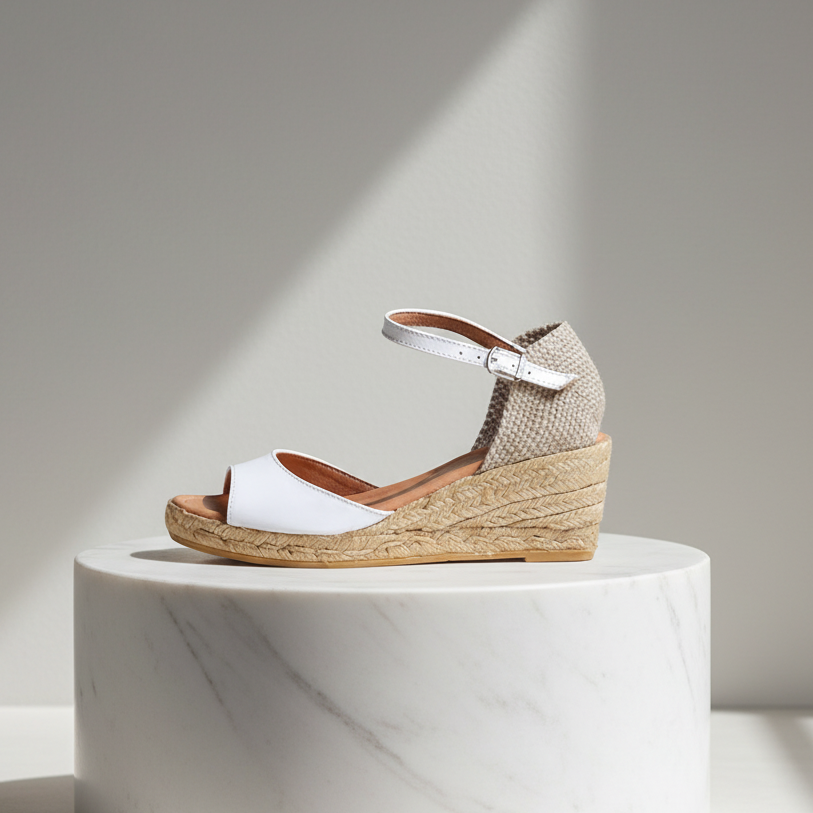 Wedge sandal with white sole and brown wedge on a marble pedestal against a neutral background
