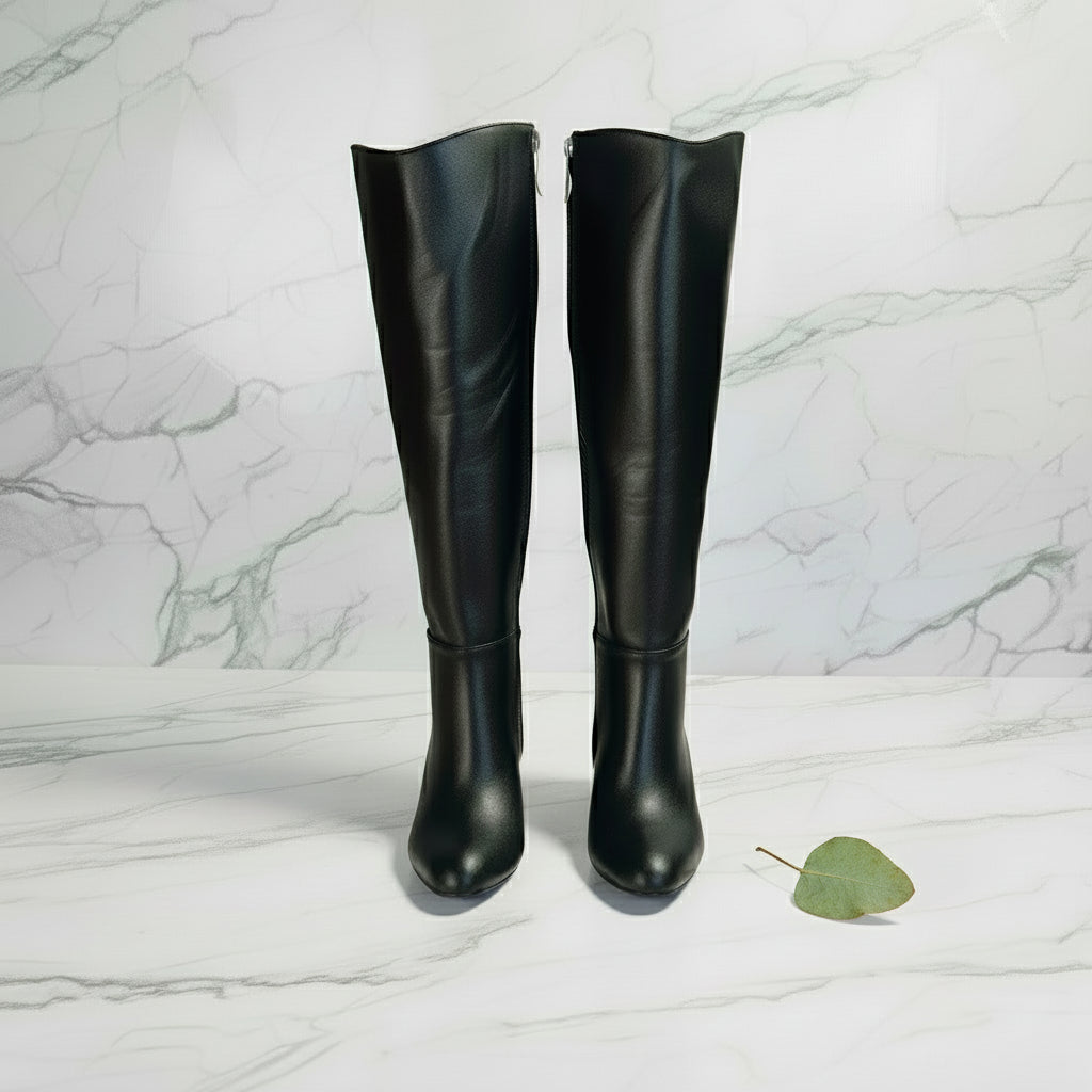 Black knee-high boots on a light surface with green plants around