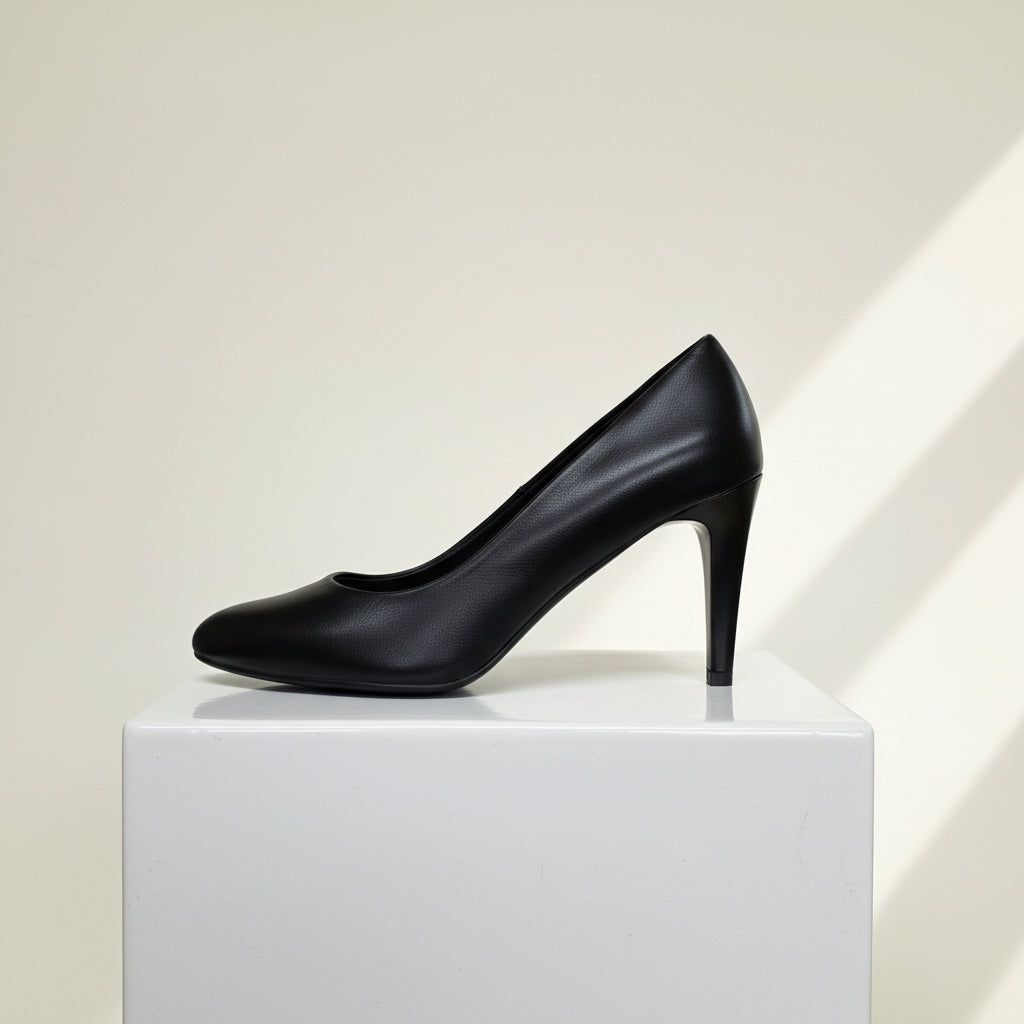 Black high-heeled shoe on a marble surface with a blurred background