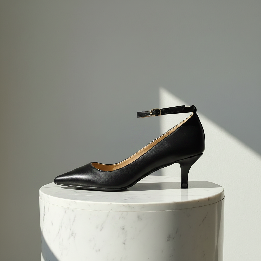 A single black leather pointed-toe kitten heel pump with an ankle strap, displayed on a white marble cylinder pedestal against a neutral gray background with sharp diagonal shadows.