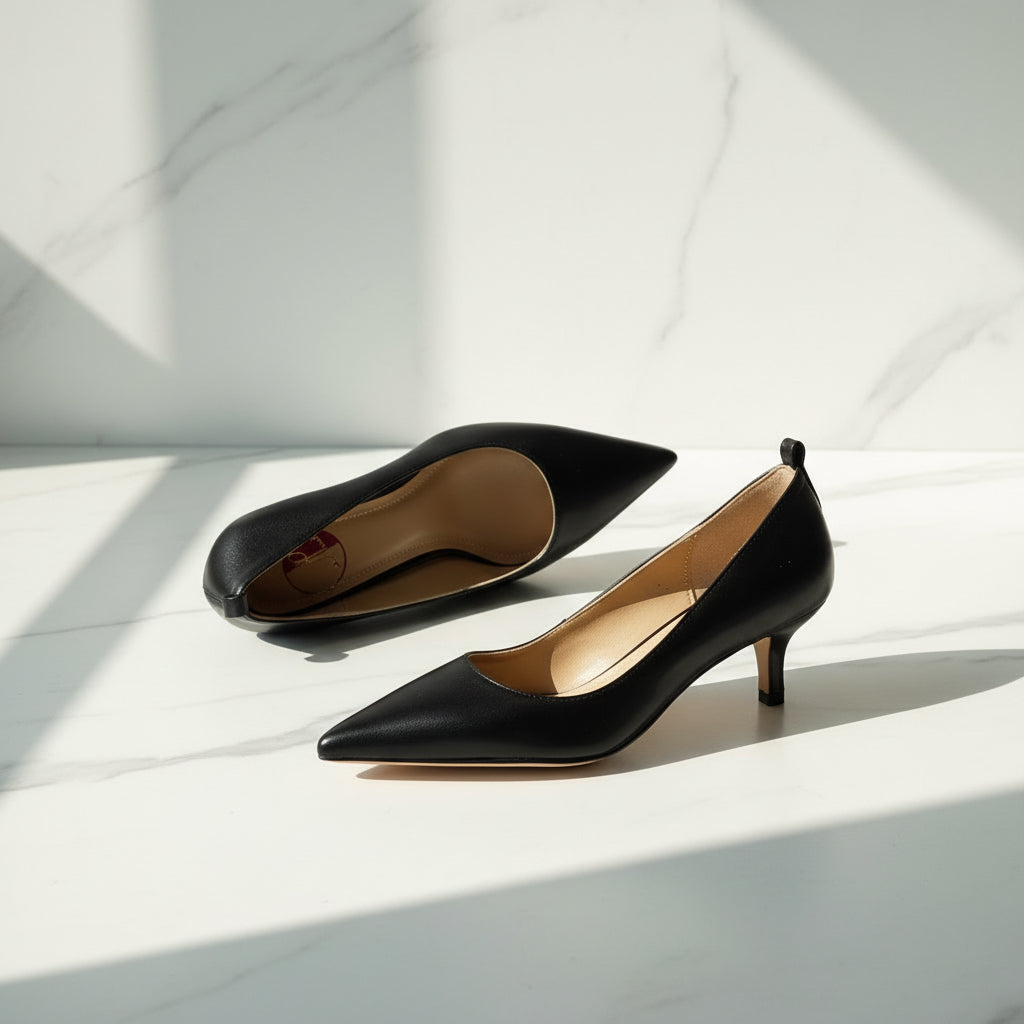 A pair of black pointed-toe kitten heel pumps with a tan interior, displayed on a white marble surface with soft diagonal shadows.