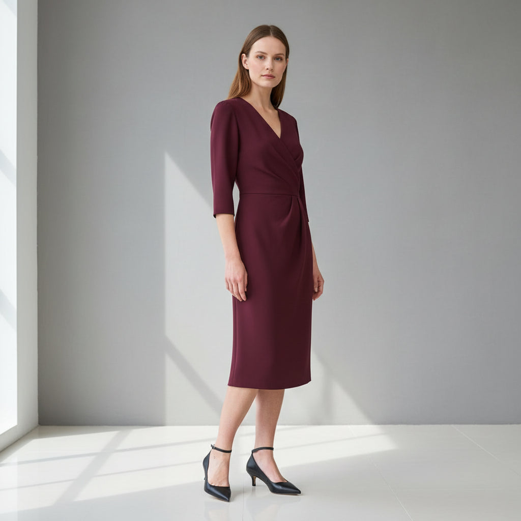 Woman wearing a burgundy dress standing in a well-lit room with a gray wall.