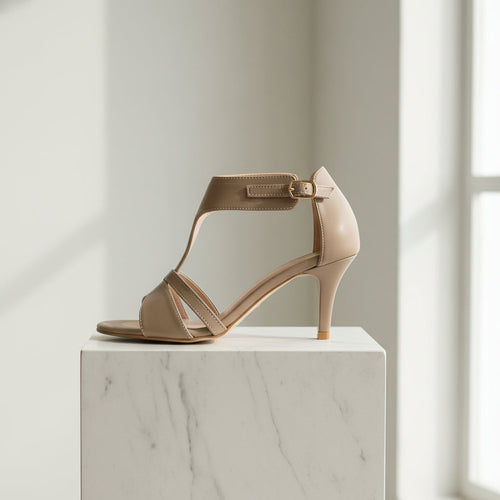 Beige high-heeled sandal on a marble pedestal with a neutral background