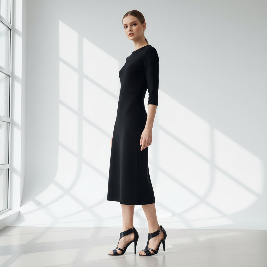 Woman wearing a black dress standing in a bright room with large windows.