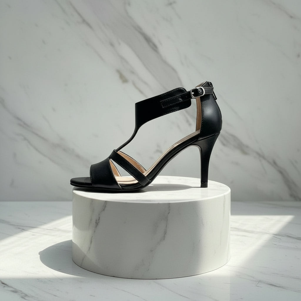 Black leather sandal on a white marble pedestal against a light grey marble background