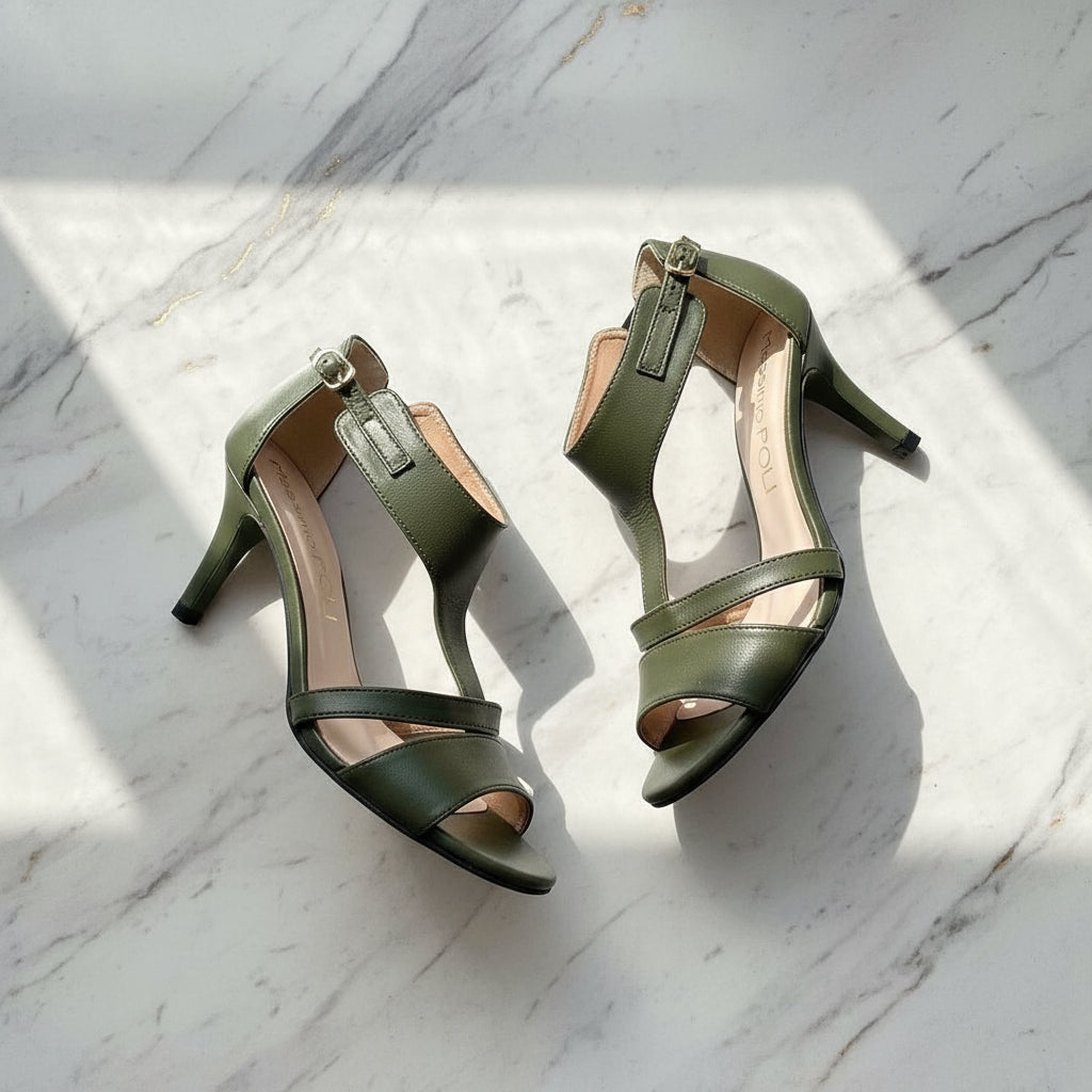 Pair of green high-heeled sandals on a marble surface