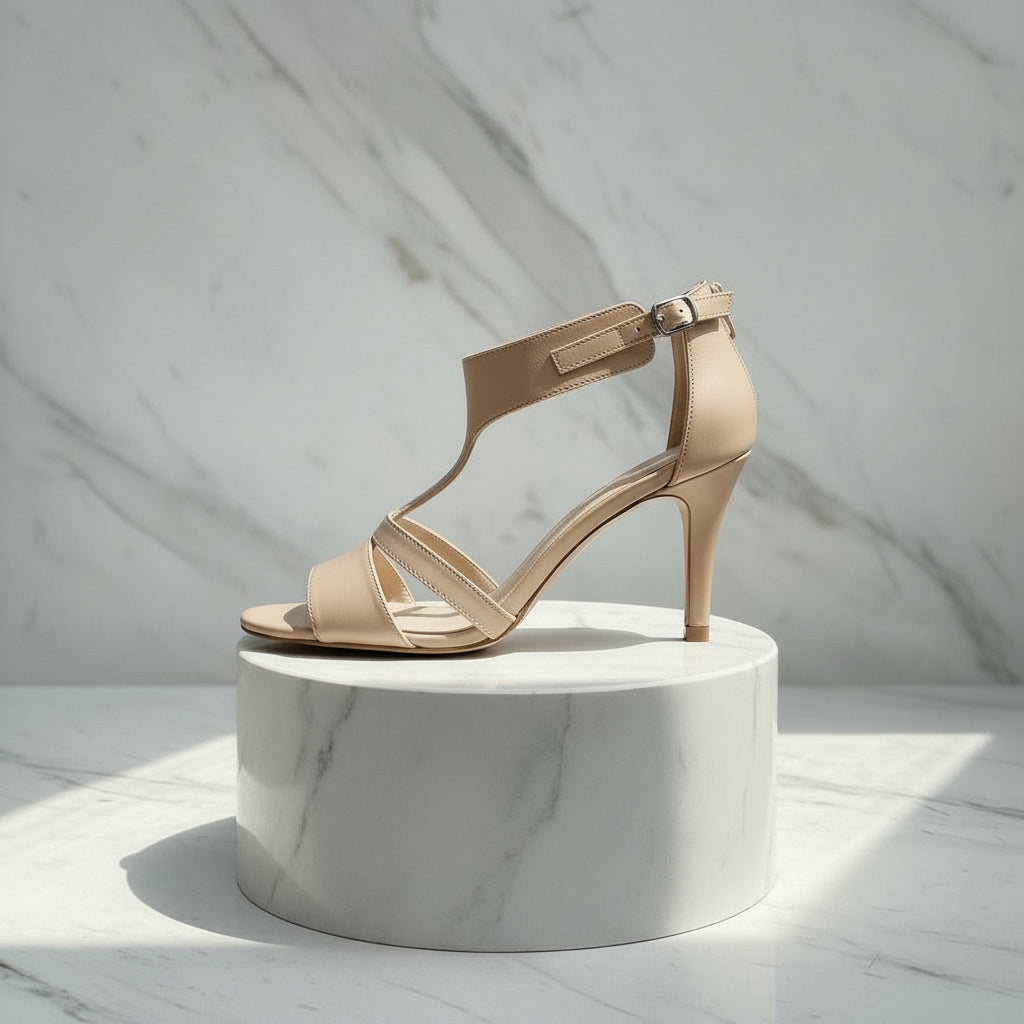 Pair of green high-heeled sandals on a marble surface