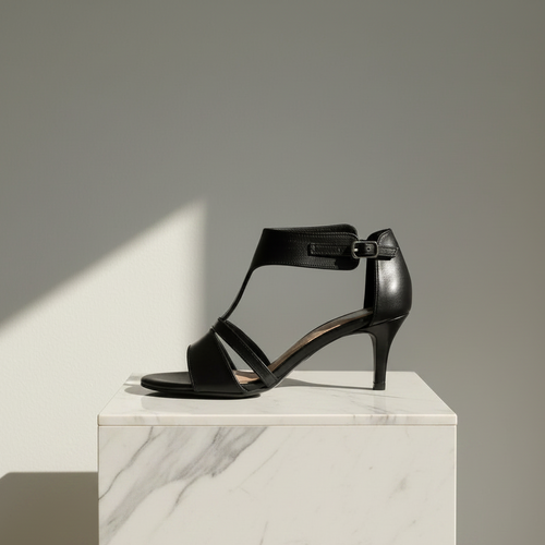 A single black leather high-heeled sandal with a T-strap design and ankle buckle, displayed on a white marble pedestal against a neutral gray background.
