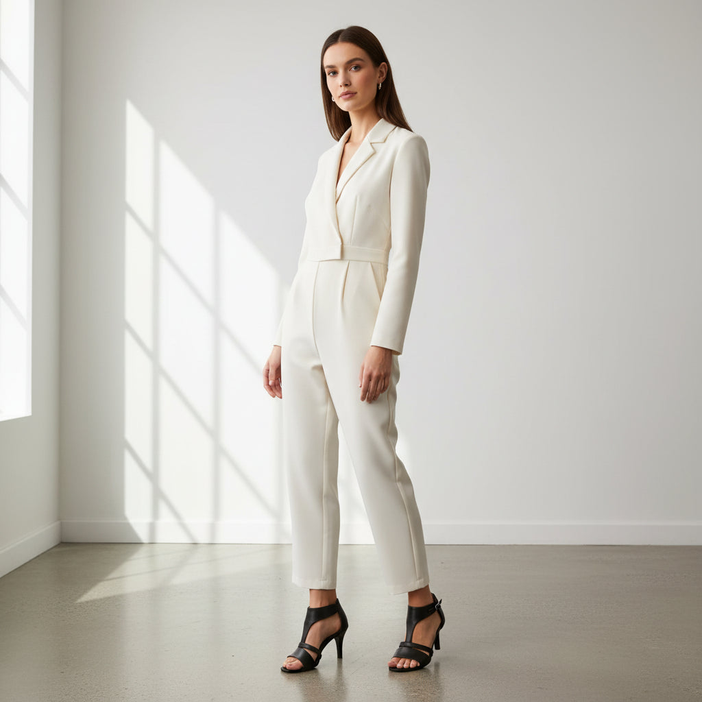 Woman in a white suit standing in a bright room with large windows.