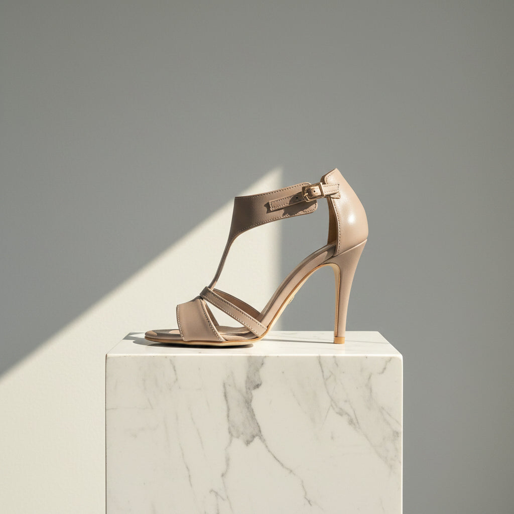 A single nude beige leather high-heeled sandal with an ankle strap and T-strap design, displayed on a white marble pedestal against a gray background with a diagonal light shadow.