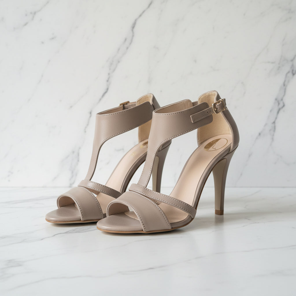 Beige leather t strap sandals on a marble floor.