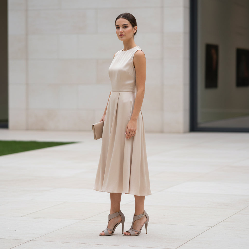 A woman stands outdoors wearing a sleeveless, knee-length pleated dress in a light champagne beige color, paired with metallic silver high-heeled sandals and holding a matching clutch.