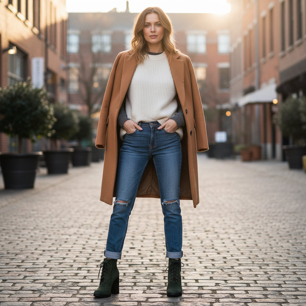 Woman wearing a brown coat, white sweater, blue jeans, and green boots on a street.