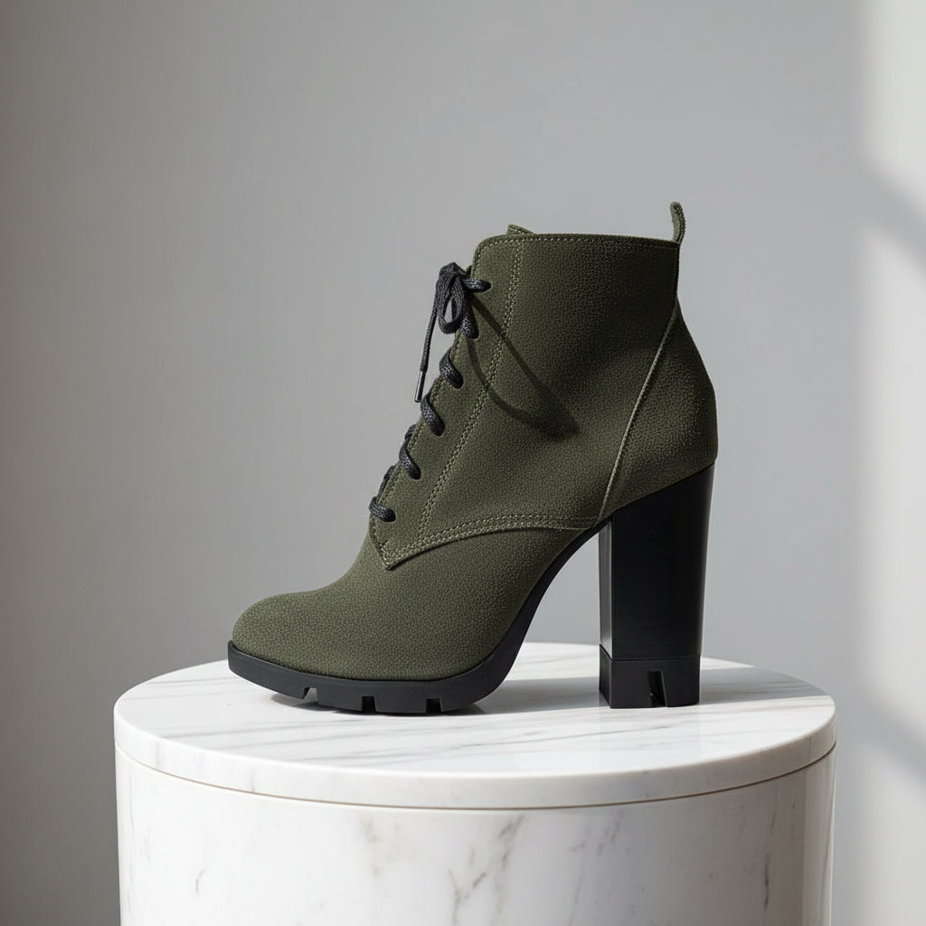 Green suede boot with a block heel on a light gray floor.