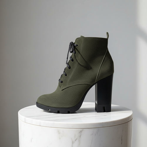 Green suede boot with a block heel on a light gray floor.